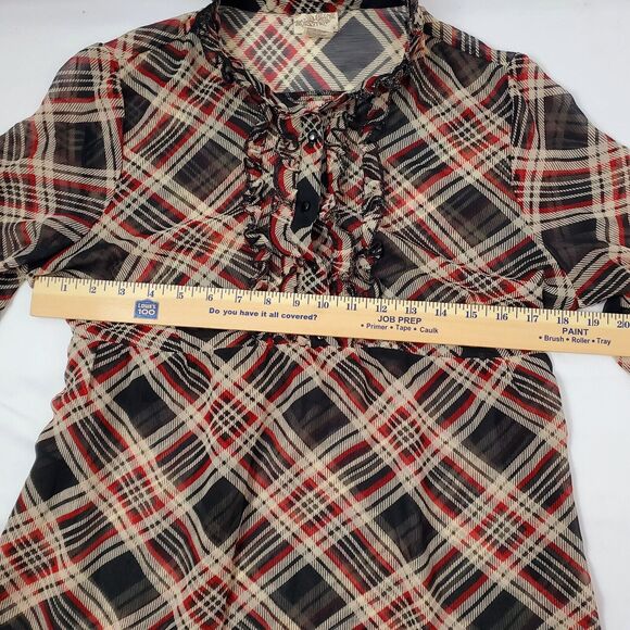 Daytrip By The Buckle BKE Womens Top L Plaid Ruffle Tie Sheer Poly Shirt Size - Picture 3 of 8